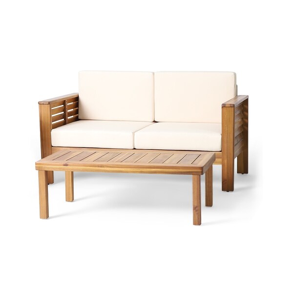 Acacia Wood Outdoor Loveseat and Coffee Table Set with Cushions