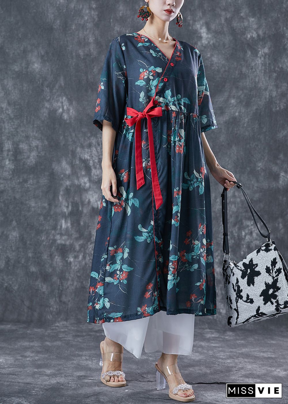 Casual Navy Oversized Print Lace Up Linen Dresses Summer