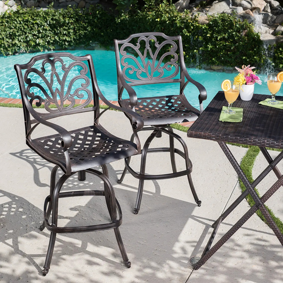 2 Pack Patio Bar Stool  Cast Aluminum Construction With Scrolled Details  Bronze   Mediterranean   Outdoor Bar Stools And Counter Stools   by Decor Love  Houzz