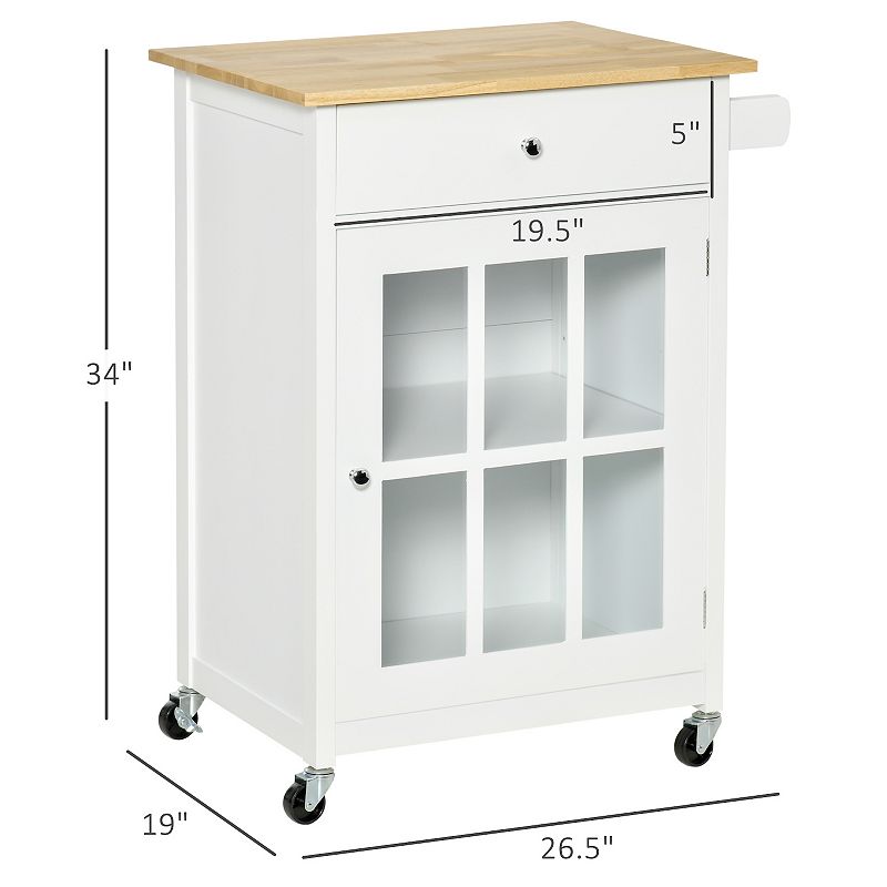 HOMCOM 27 Rolling Kitchen Island Cart with Drawer and Glass Door Cabinet Kitchen Trolley with Adjustable Shelf and Towel Rack White