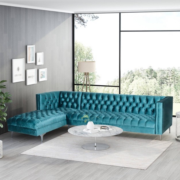 Tignall Contemporary Tufted Velvet Chaise Sectional Teal silver Christopher Knight Home