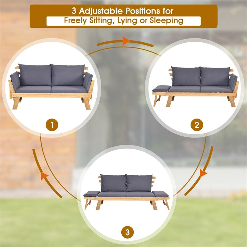 Acacia Wood Patio Daybed Convertible Couch Sofa Bed, Outdoor Folding Chaise Lounge Bench with Adjustable Armrest