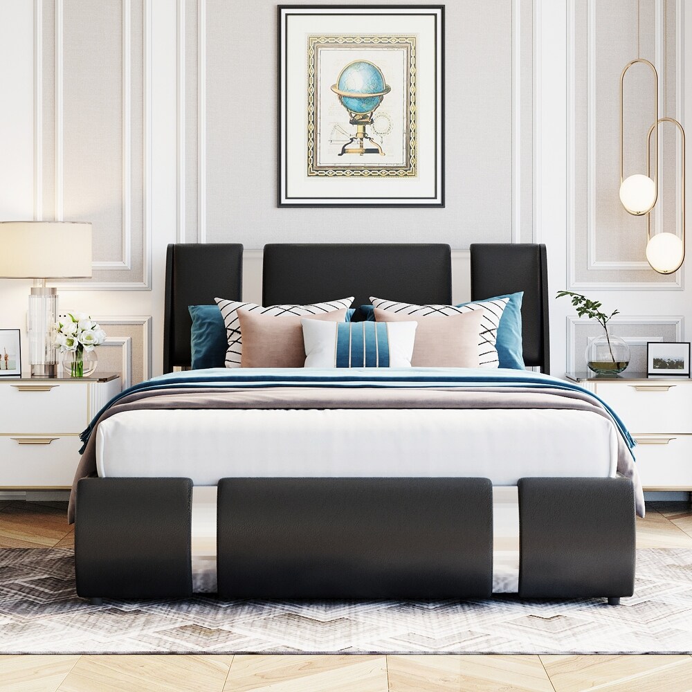 Lift Up Storage Bed Frame  Upholstered Faux Leather Platform Bed with Hydraulic Storage System   Headboard  No Box Spring Needed