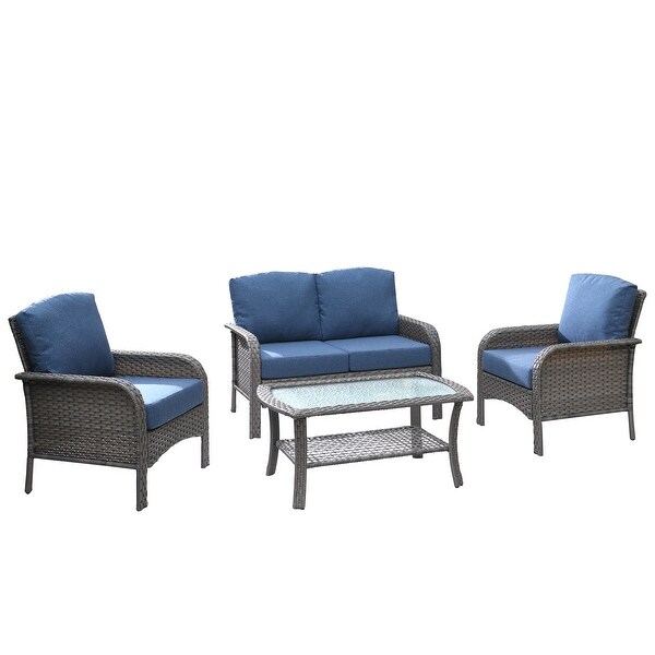 HOOOWOOO Outdoor 4piece Wicker Conversation Sofa Set with Glass Coffee Table