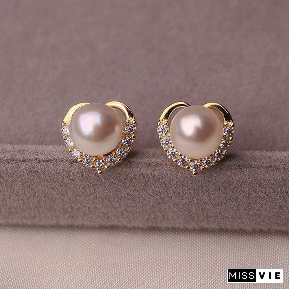 Trendy Fashion Women's S925 Silver Exquisite Pearl Heart-shaped Diamond Crystal Earrings Prevent allergy Jewelry