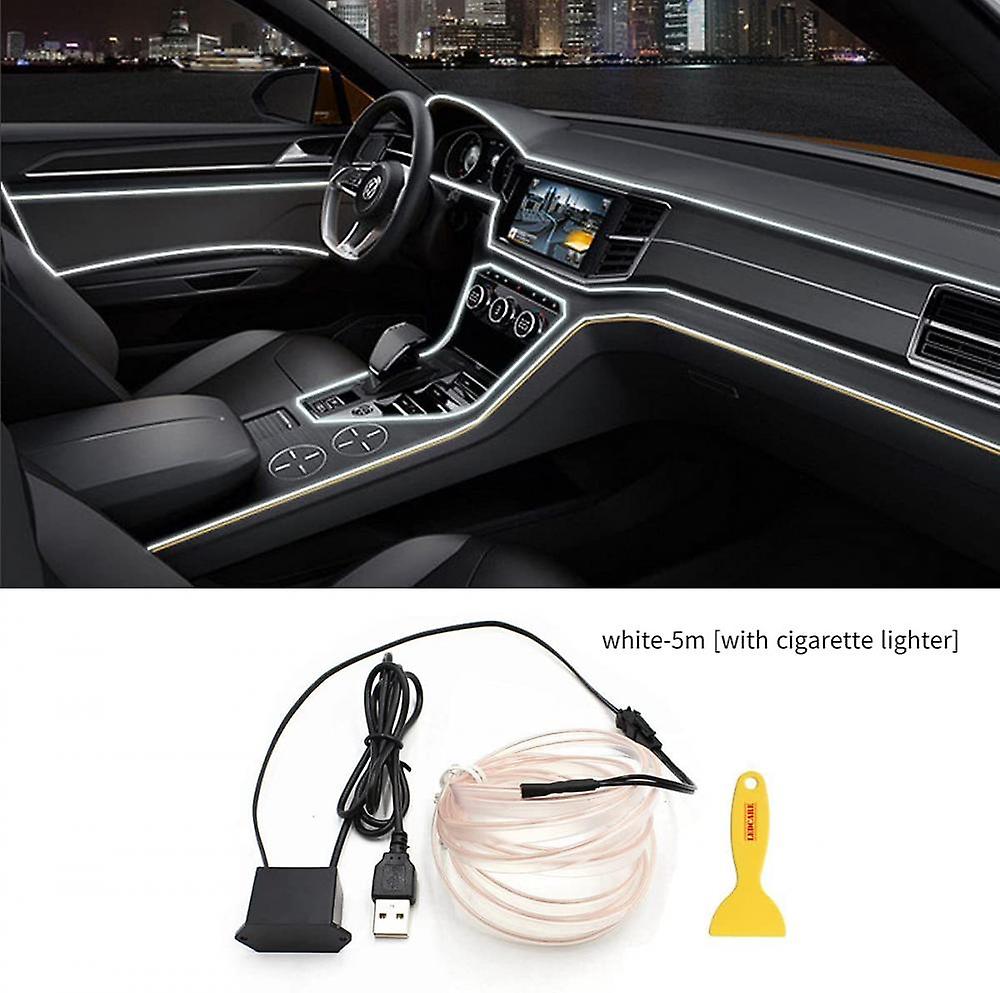 Cold Light Car Atmosphere Light Led Interior Atmosphere Light Luminous Line Door Slit Light-white-5m [with Cigarette Lighter] (a Set)