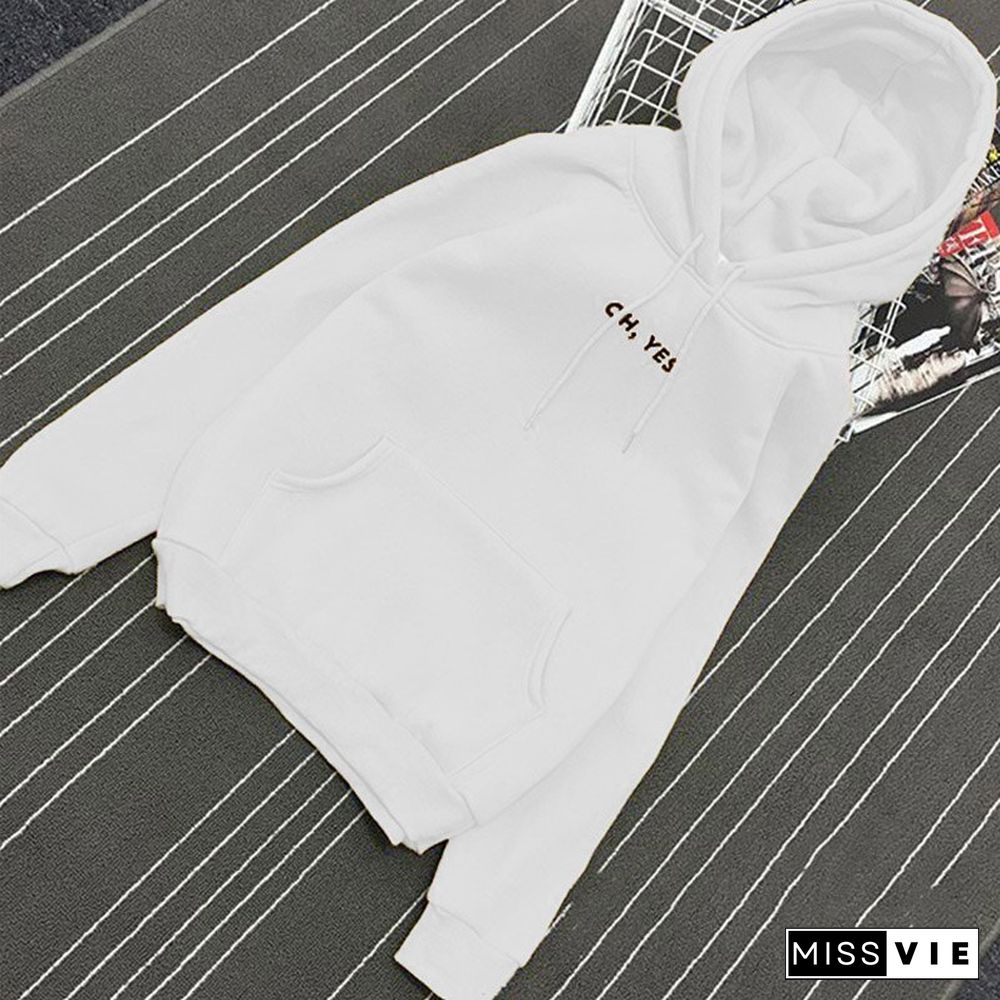 Autumn Winter Fleece Oh Yes Letter Harajuku Print Pullover Thick Loose Women Hoodies Sweatshirt Female Casual Coat