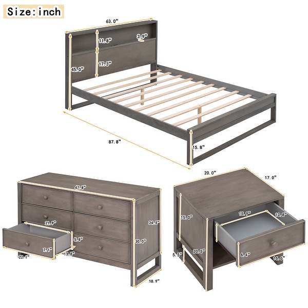 Queen Size 3-Pieces Bedroom Sets USB port Platform Bed with Nightstand and Dresser - - 37421803