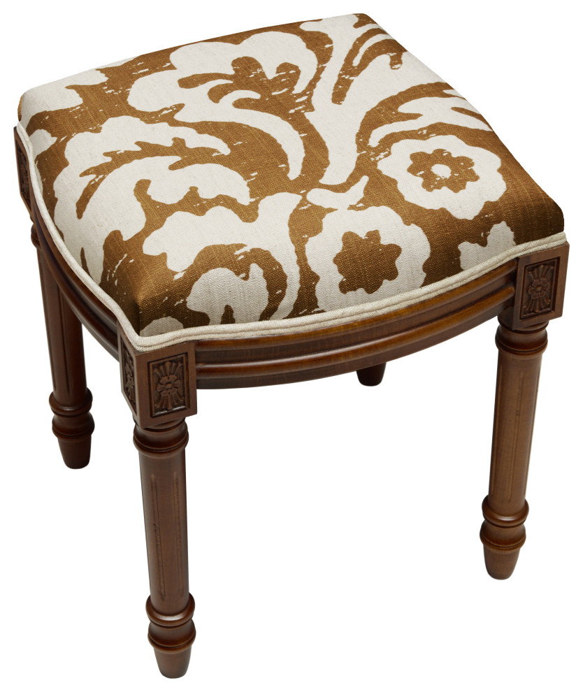 Jacobean Floral Mustard  Linen Upholstered Vanity Stool   Traditional   Vanity Stools And Benches   by 123 Creations  Houzz