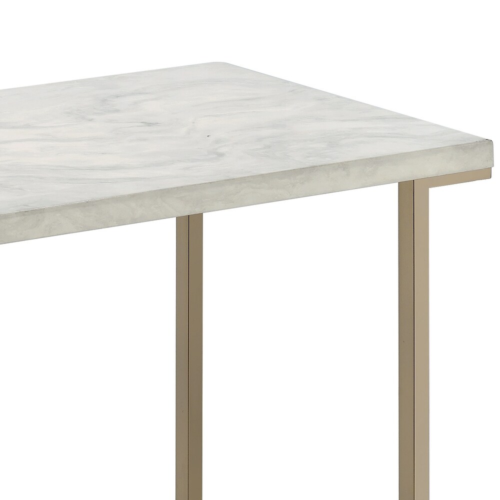 Contemporary Metal Frame Sofa Table with Faux Marble Top  White and Gold   30 H x 18 W x 44 L Inches