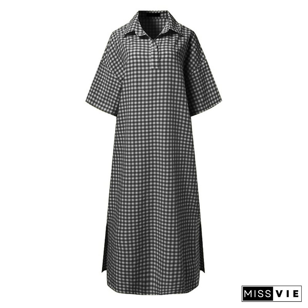 Women Half Sleeve Collared Kaftan Casual Grid Printed Button Down Plus Size Long Maxi Shirt Dress