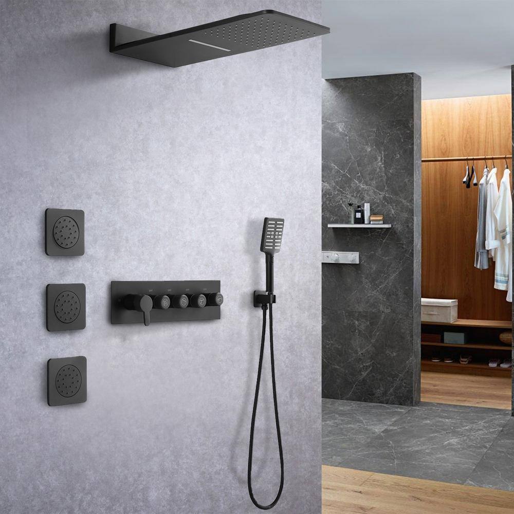 FORCLOVER 3-Spray Waterfall High Pressure Wall Mounted Shower System with 3 Body Sprays and Handheld Shower in Matte Black FRIMFTHS12MB