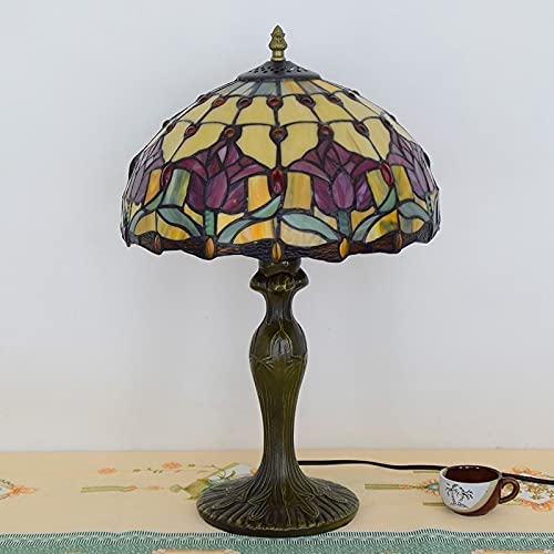 SHADY Tiffany Lamp Stained Glass Lamp Red Tulip Bedroom Table Lamp Reading Desk Light for Bedside Living Room Office Dormitory Dining Room Decorate  12x12x18 Include Light Bulb