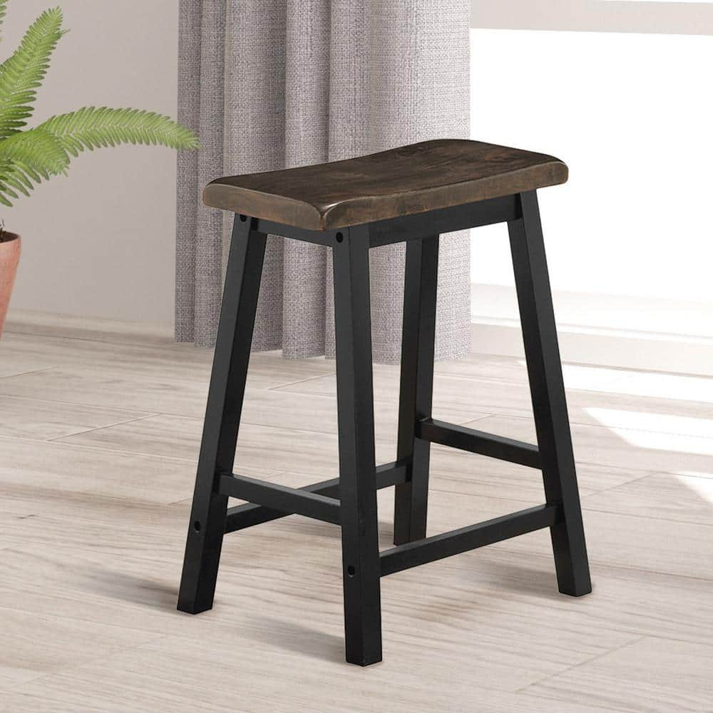 Gymax 24 in. H Gray Backless Wood Saddle Seat Pub Chair Home Kitchen Dining Room Bar Stools (Set of 2) GYM02711