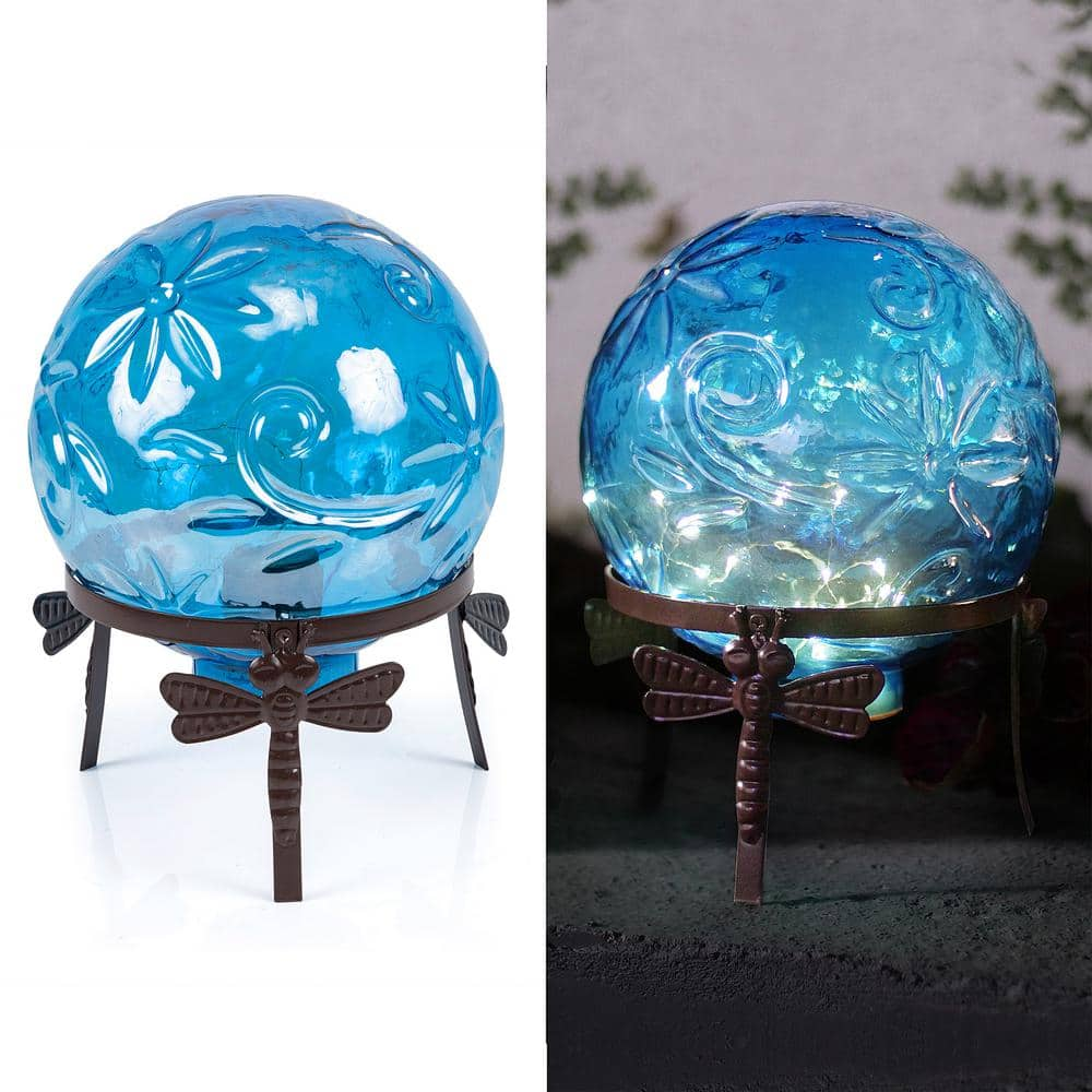 Alpine Corporation 13 in. Tall Indoor/Outdoor Pearlized Blue Glass LED Gazing Globe with Stand HGY112A-BL