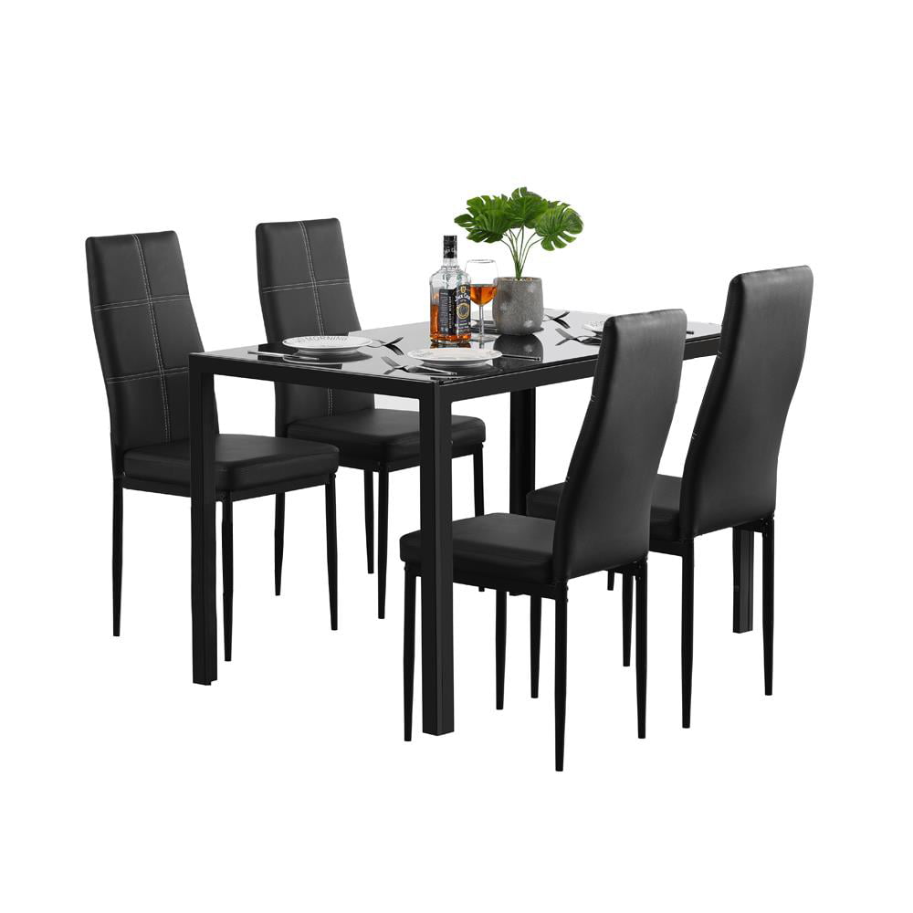 Ktaxon 5 Pieces Dining Room Set Tempered Glass Dining Table with 4 Chairs Dining Room Kitchen Furniture Black