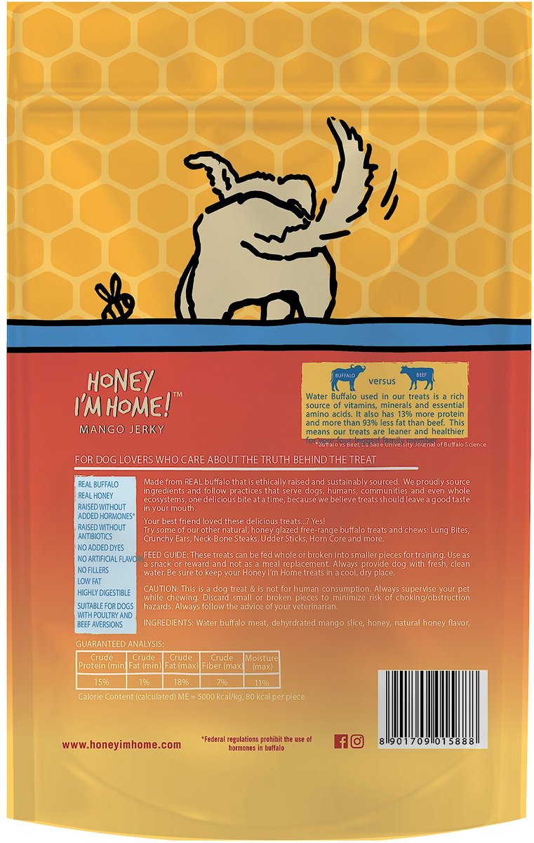 Honey I'm Home! Mango Jerky Natural Honey Coated Buffalo and Mango Grain-Free Dog Treats， 5.29-oz bag