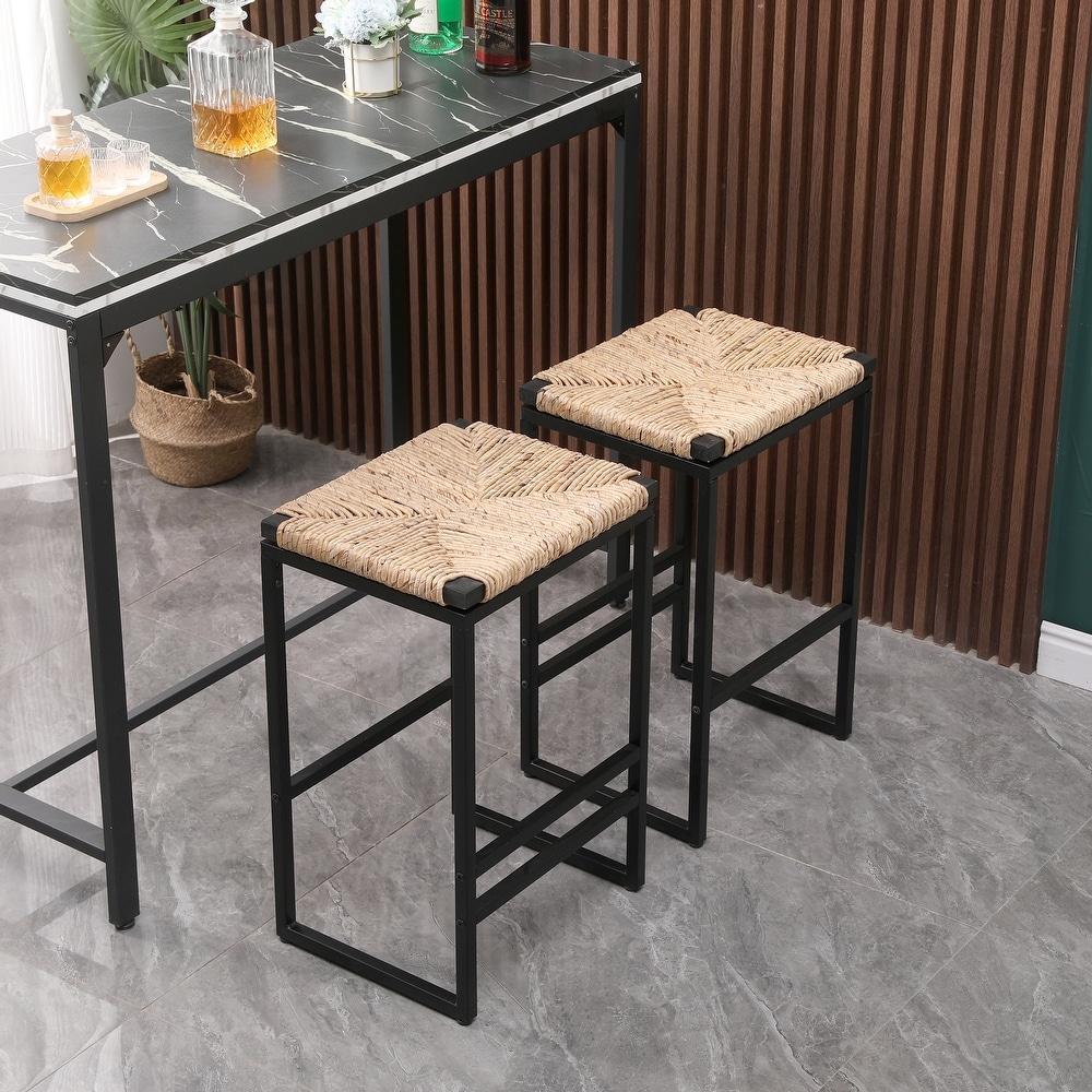 Backless Bar Stools Set of 2  Counter Height Dining Chairs with Paper Rope Woven Upholstered Seat and Black Metal Footrest