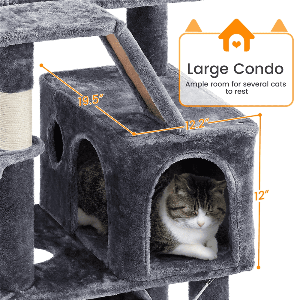 SMILE MART 71″ H Multi-Level Large Cat Tree with 2 Cozy Perches 2 Condos，Dark Gray