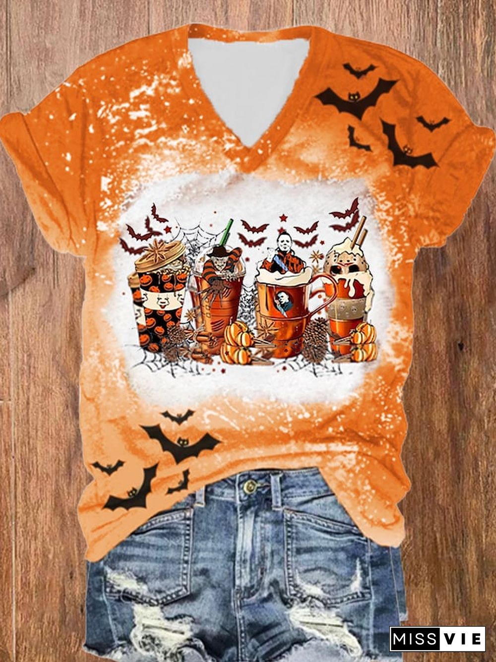 Women's Halloween Skeleton Coffee Cups Printed Casual T-shirt