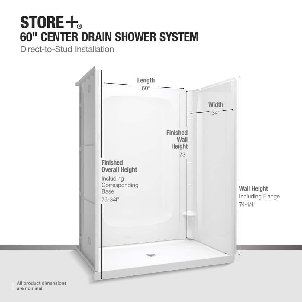 Sterling STORE 60 in x 34 in SingleThreshold Shower Base with Center Drain in White