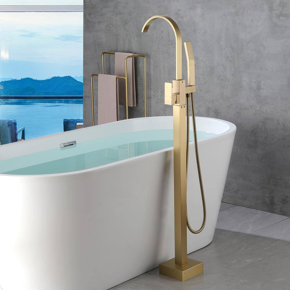 Miscool Upo 1-Handle Freestanding Floor Mount Roman Tub Faucet Bathtub Filler with Hand Shower in Brushed Gold SHNKHD10E861GL