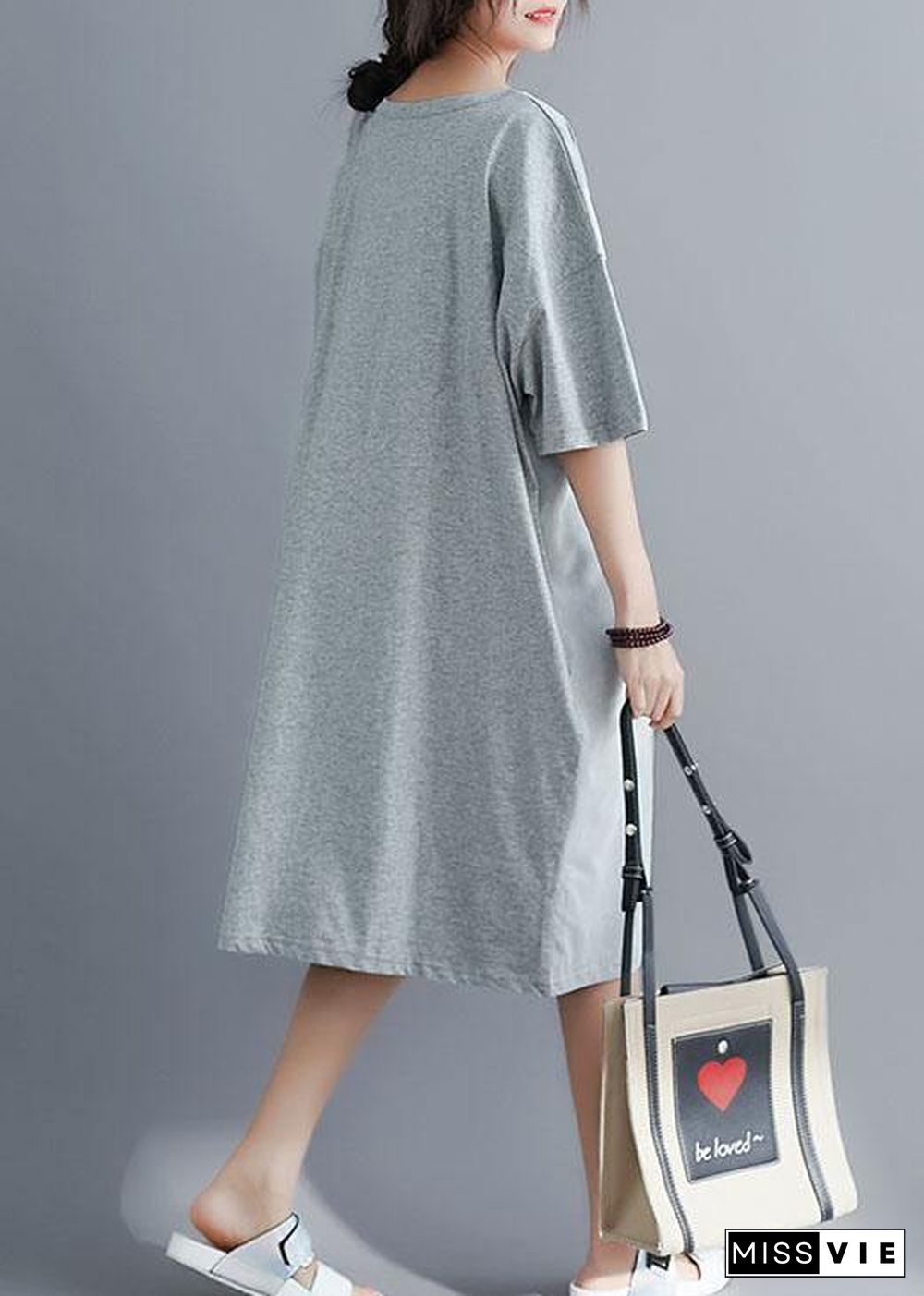 Elegant gray cotton Tunics o neck patchwork Maxi summer Dresses