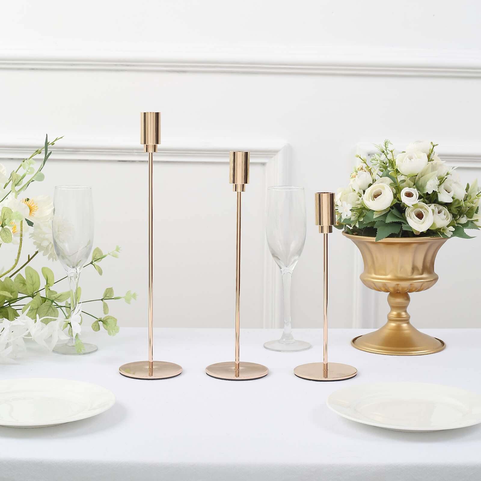 Set of 3 Gold Metal Taper Candle Stands With Round Solid Base, Decorative Candlestick Holder Set 9