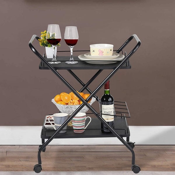 2-Tier Metal Wine Rack Rolling Utility Cart with Lockable Wheels