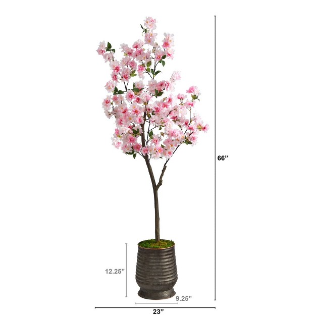 Nearly Natural 5.5-ft Cherry Blossom Artificial Tree In Ribbed Metal Planter