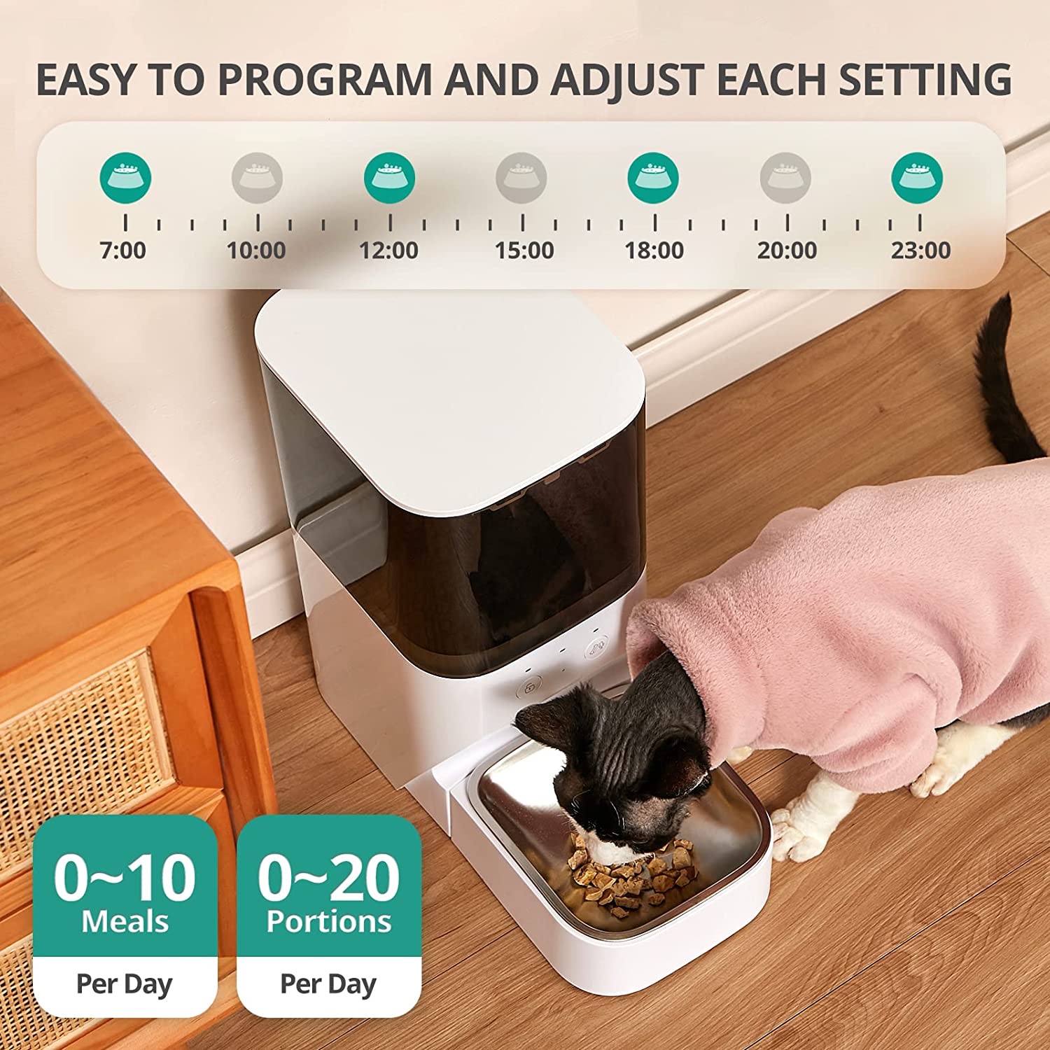 Automatic Cat Feeder， Timed Cat Feeder with APP Control， Dog Food Dispenser with Stainless Steel and Lock Lid， Up to 20 Portions 10 Meals Per Day， 30S Voice Recorder， 4L Programmable Pet Feeder