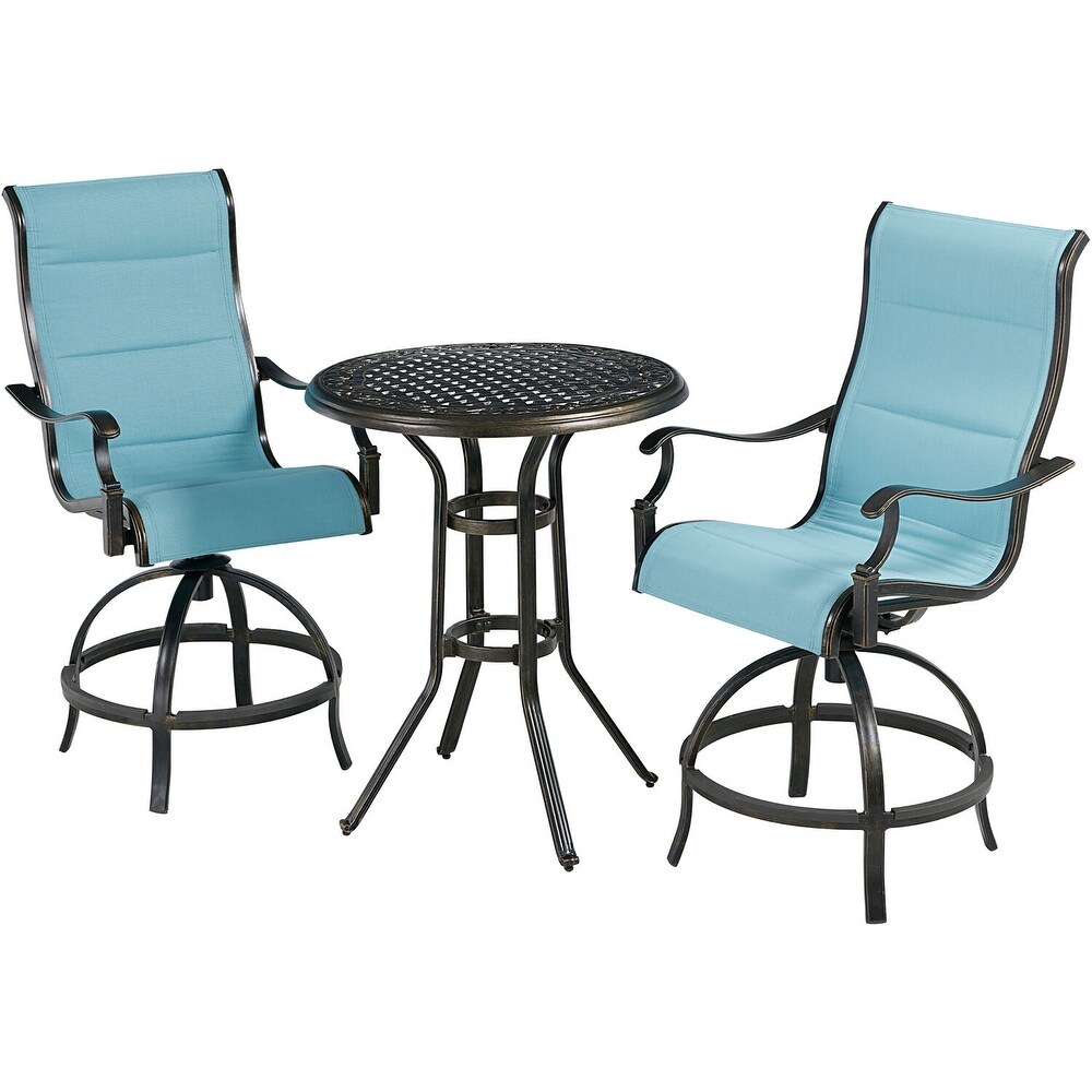 Hanover Traditions 3 Piece High Dining Bistro Set in Blue with 2 Padded Swivel Counter Height Chairs and 30 in. Cast top Table