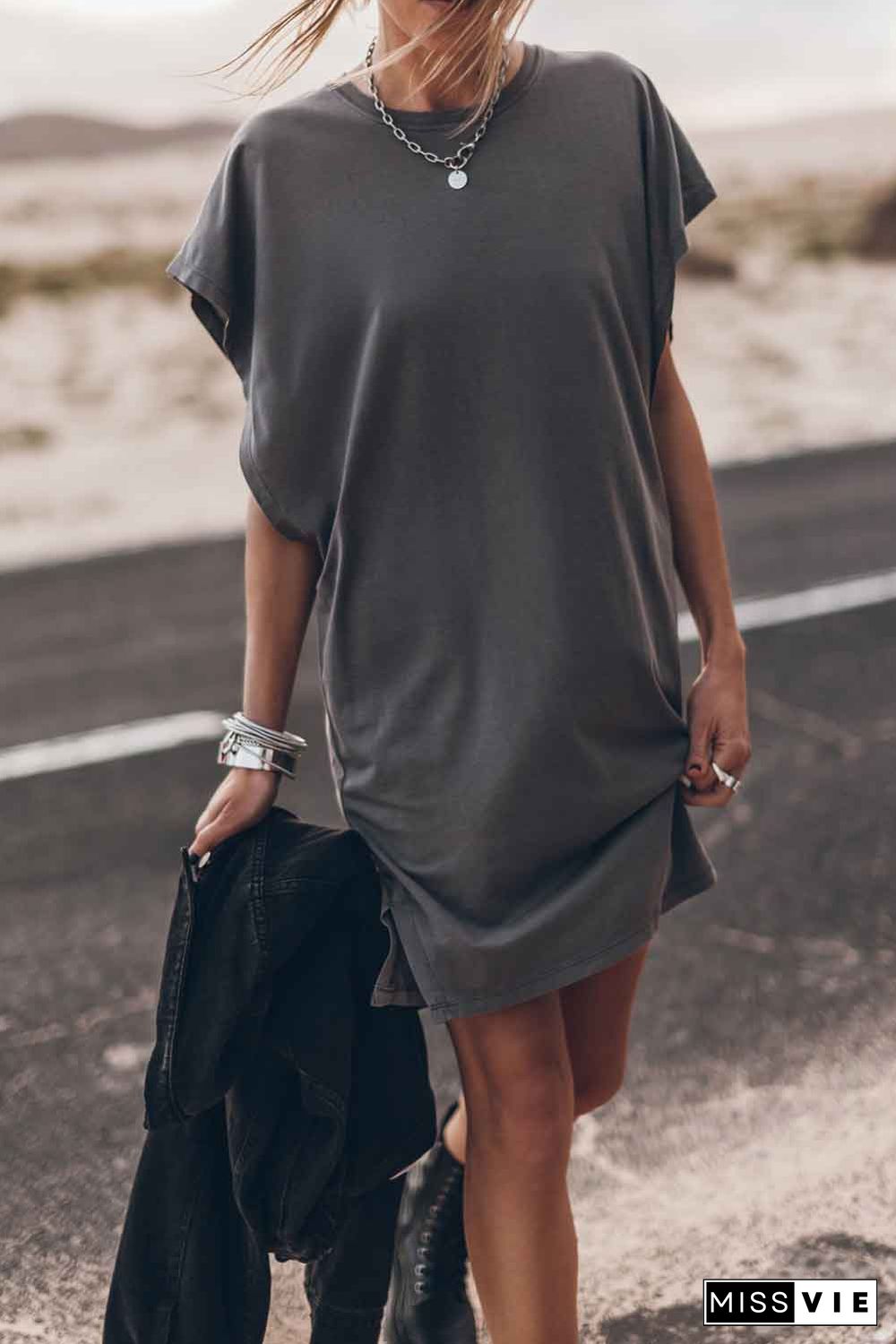 Gray Bat Sleeve T-shirt Dress with Slits