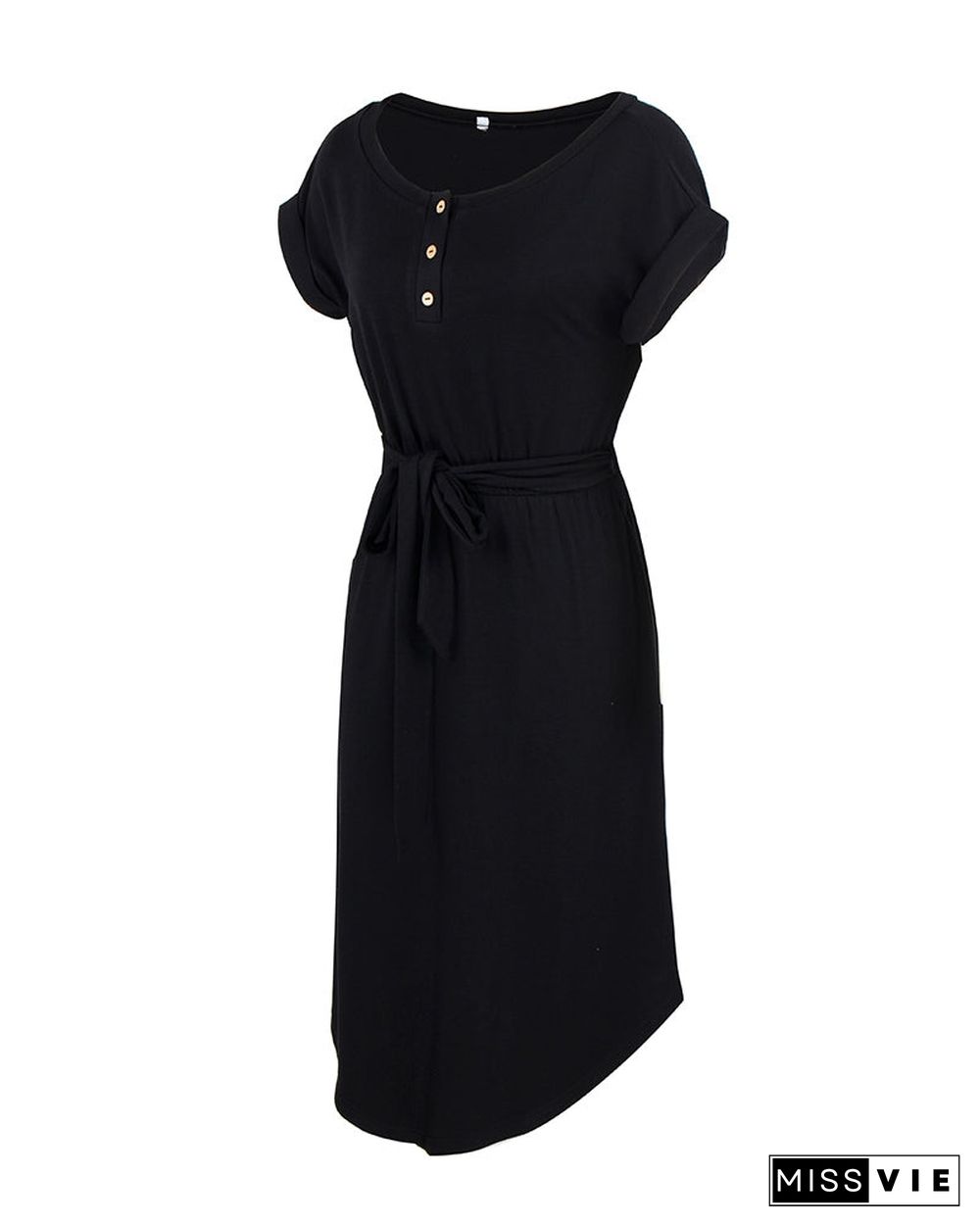 Round Neck Short Sleeve Waist Tie Midi Dress