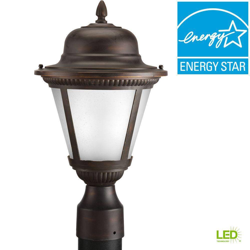 Progress Lighting Westport LED Collection 1-Light Antique Bronze Etched Seeded Glass Traditional Outdoor Post Lantern Light P5445-2030K9