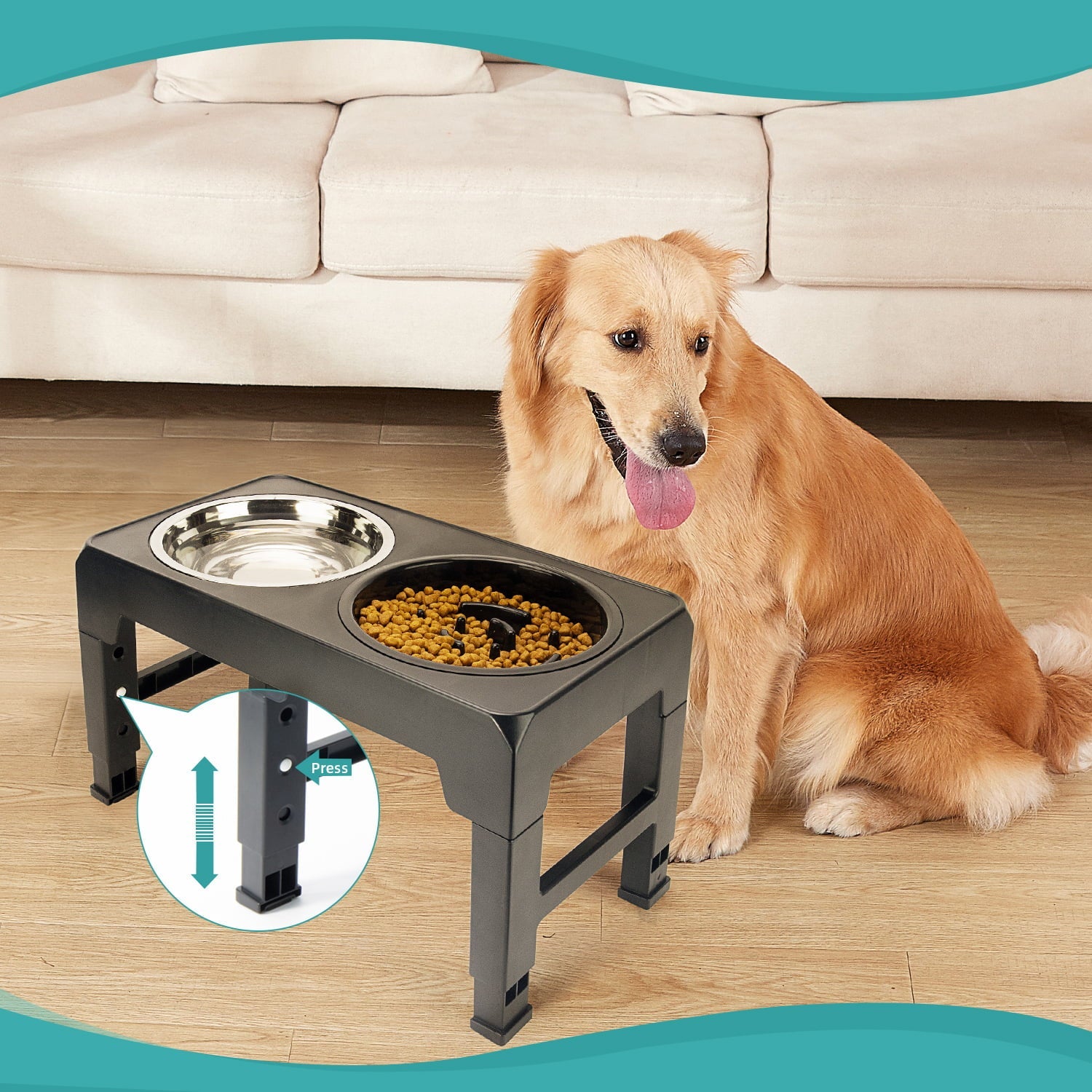 Pawque Elevated Dog Bowls for Large Medium Small Dogs With Storage, 4 Height Adjustable Raised Dog Bowl with Slow Fooding Bowl and Water Bowl, 2 Bowls