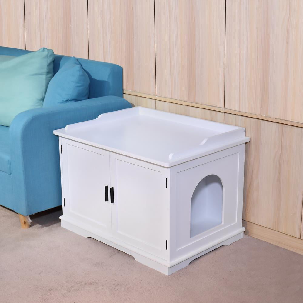 Zimtown 2-Door Wood Cat Litter Box Cover House， Cat Washroom Litter Box， Hidden Cat Litter Boxes Enclosures Cabinet for Cats， Night Stand， White