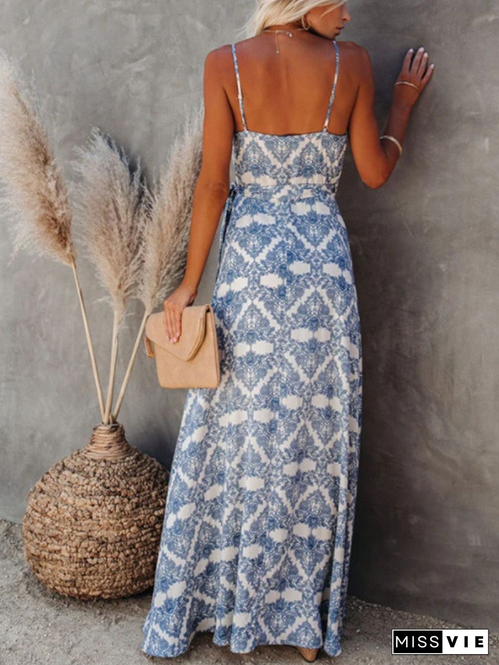 Sweet V Neck Slit Print Suspender Maxi Dress P15835