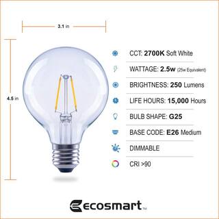 EcoSmart 25-Watt Equivalent G25 Dimmable Globe Clear Glass Filament LED Edison Light Bulb Soft White (3-Pack) FG-04210