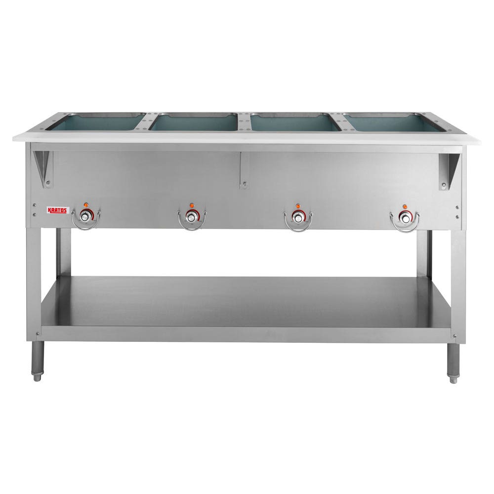 Kratos 28W-111 Stationary Four Pan Open Well Electric Steam Table with Undershelf， 120V， 2000W