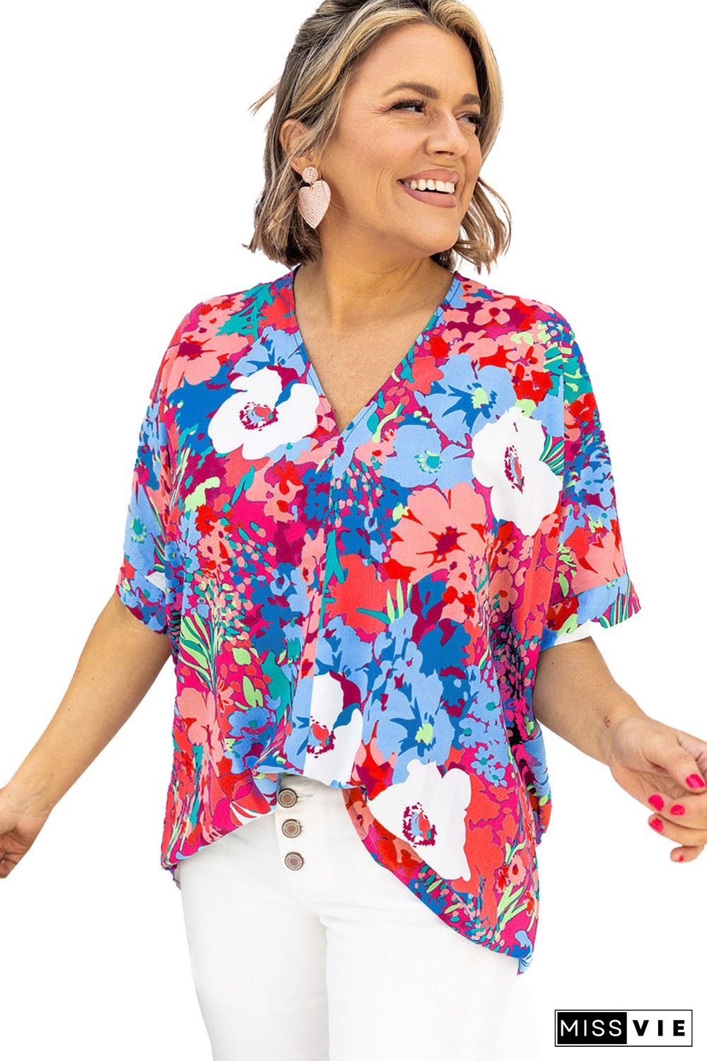 Sky Blue V Neck Dolman Sleeve Plus Size Floral Blouse