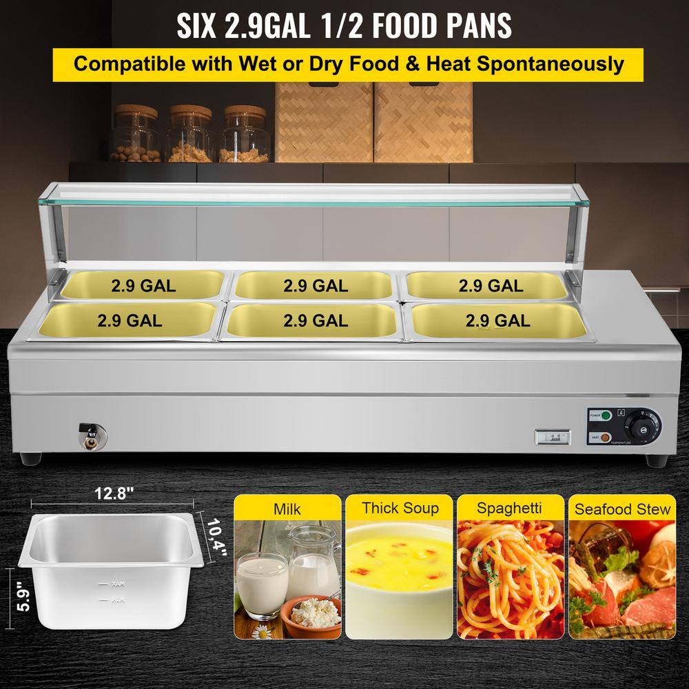 VEVOR 6 Pan x 12 GN Stainelss Steel Commercial Food Steam Table 6 in. Deep 1500-Watt Electric Countertop Food Warmer 66 Qt. BLZBWTC6PB2600001V1