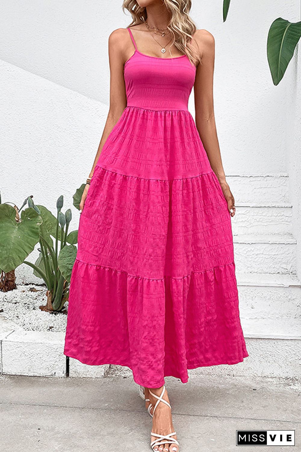 Rose Textured Tiered Spaghetti Strap Maxi Dress