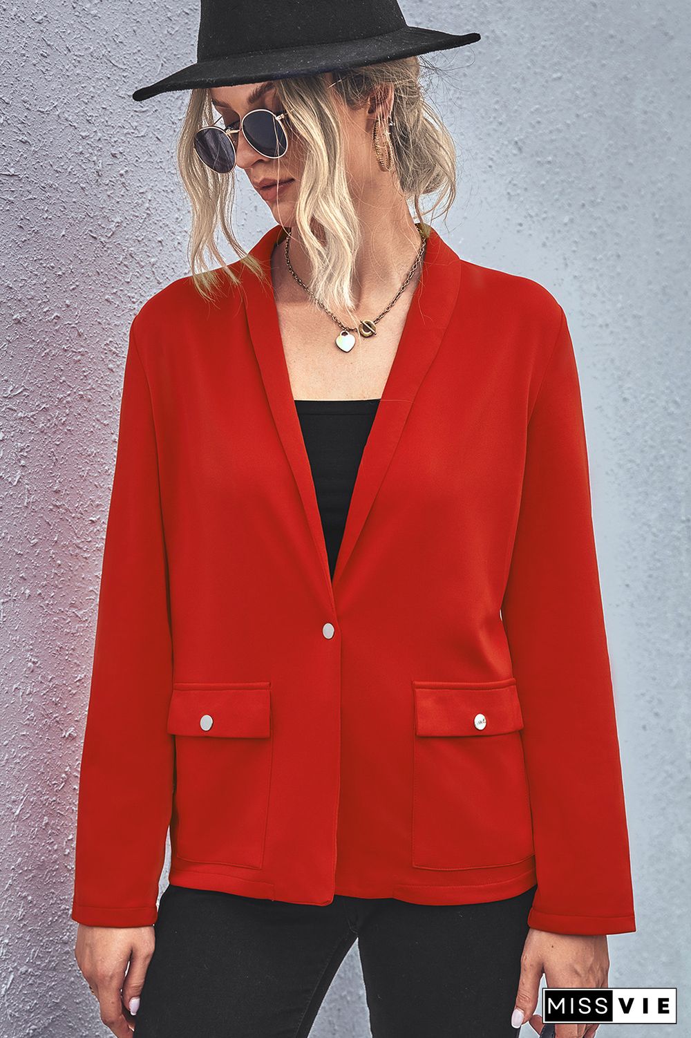 Plain Pocketed Open One Button Blazer Jackets