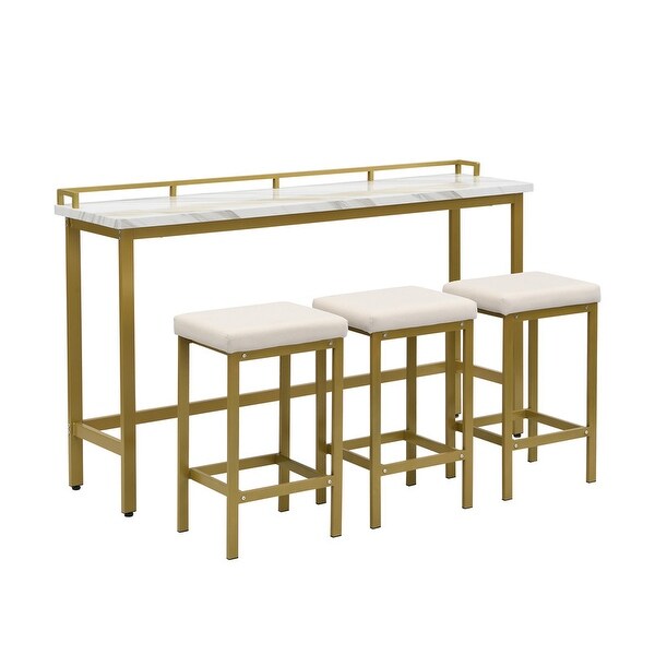 4 piece counter height metal and wood tableware with extra long console dining table and 3 PU stools in gold + beige