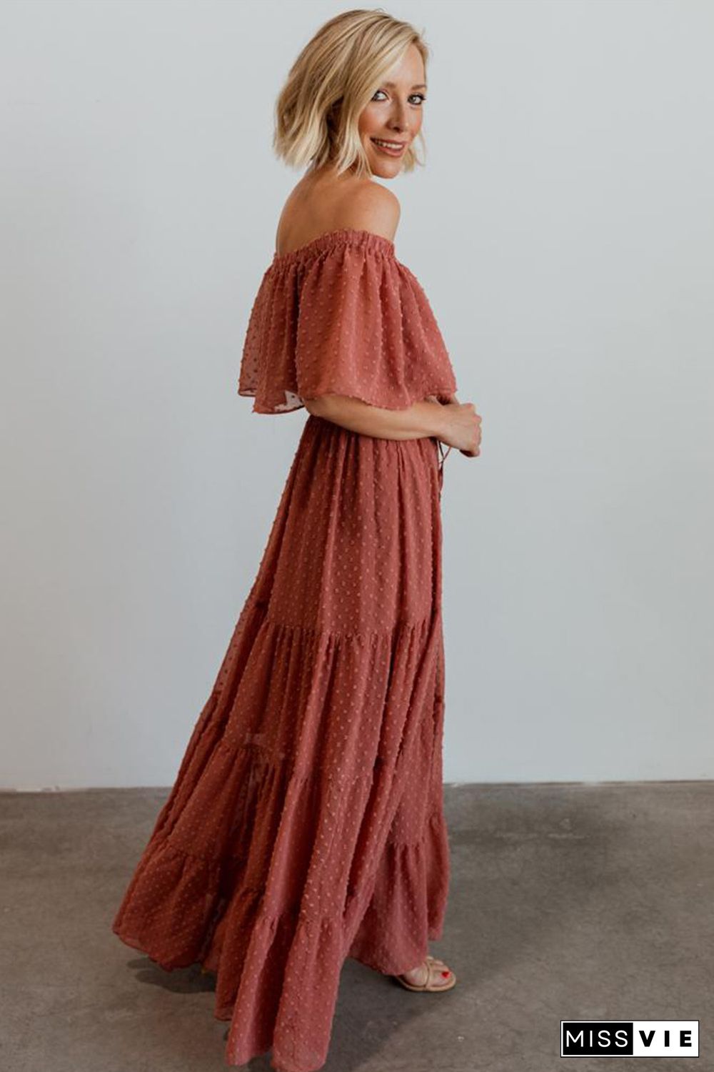 Rust Red Off Shoulder Ruffle Swiss Dot Maxi Dress