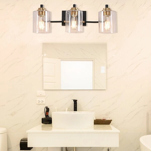 Black and Brass Finish 3-Light Modern Vanity Light with Clear Glass Shades - 22.8 in. W x 6.9 in. D x 7.7 in. H