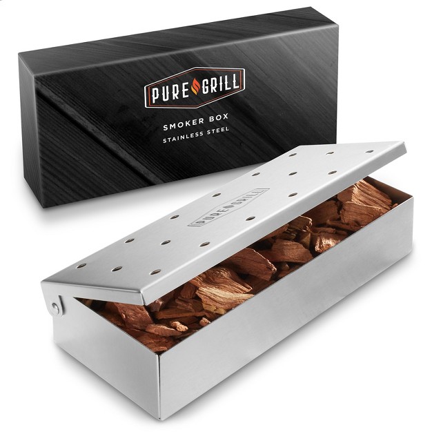 Pure Grill Stainless Steel Bbq Smoker Box With Hinged Lid For Wood Chips Use With Charcoal And Gas Grills