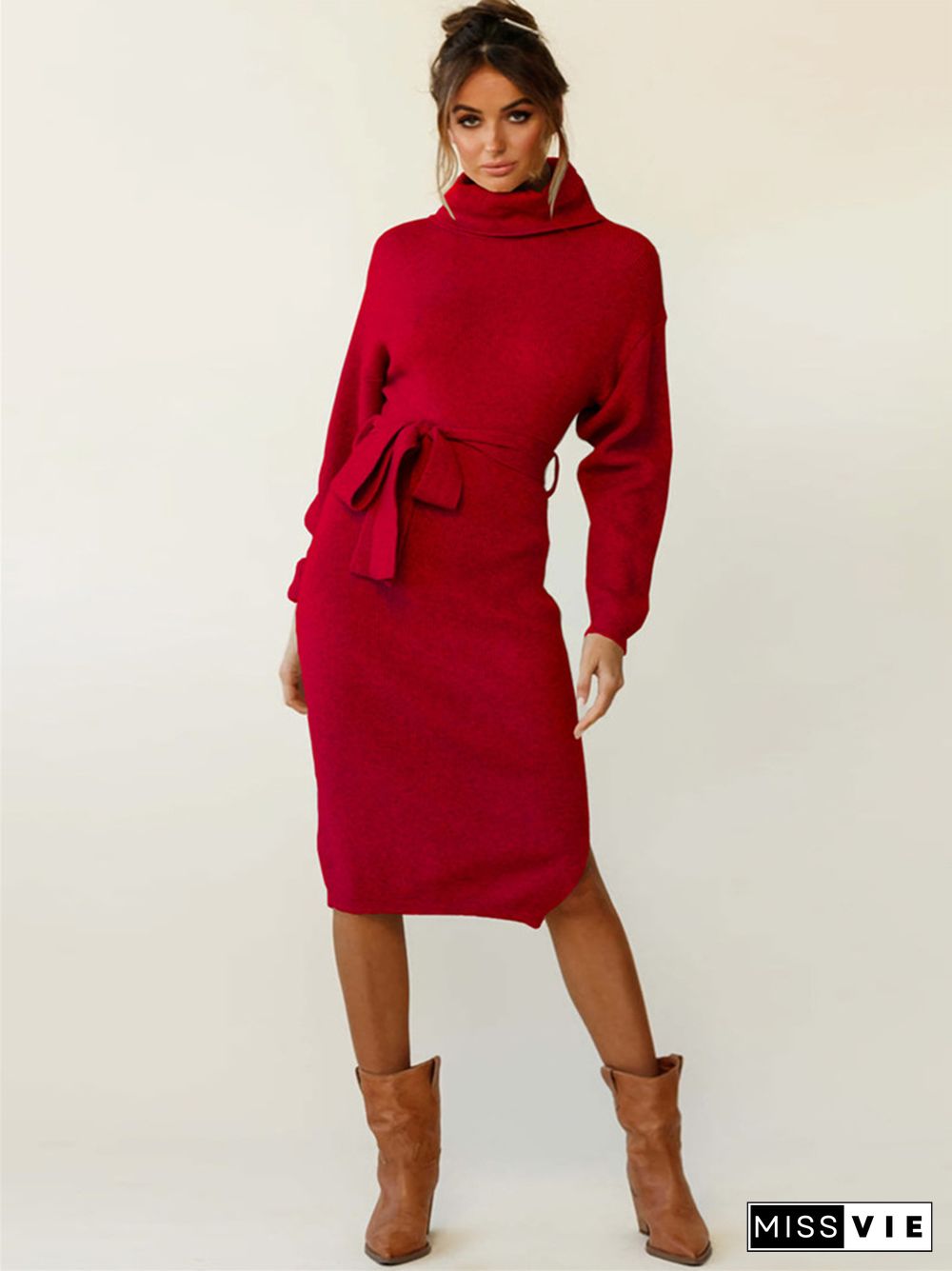 Solid color long sleeved knit turtleneck dress