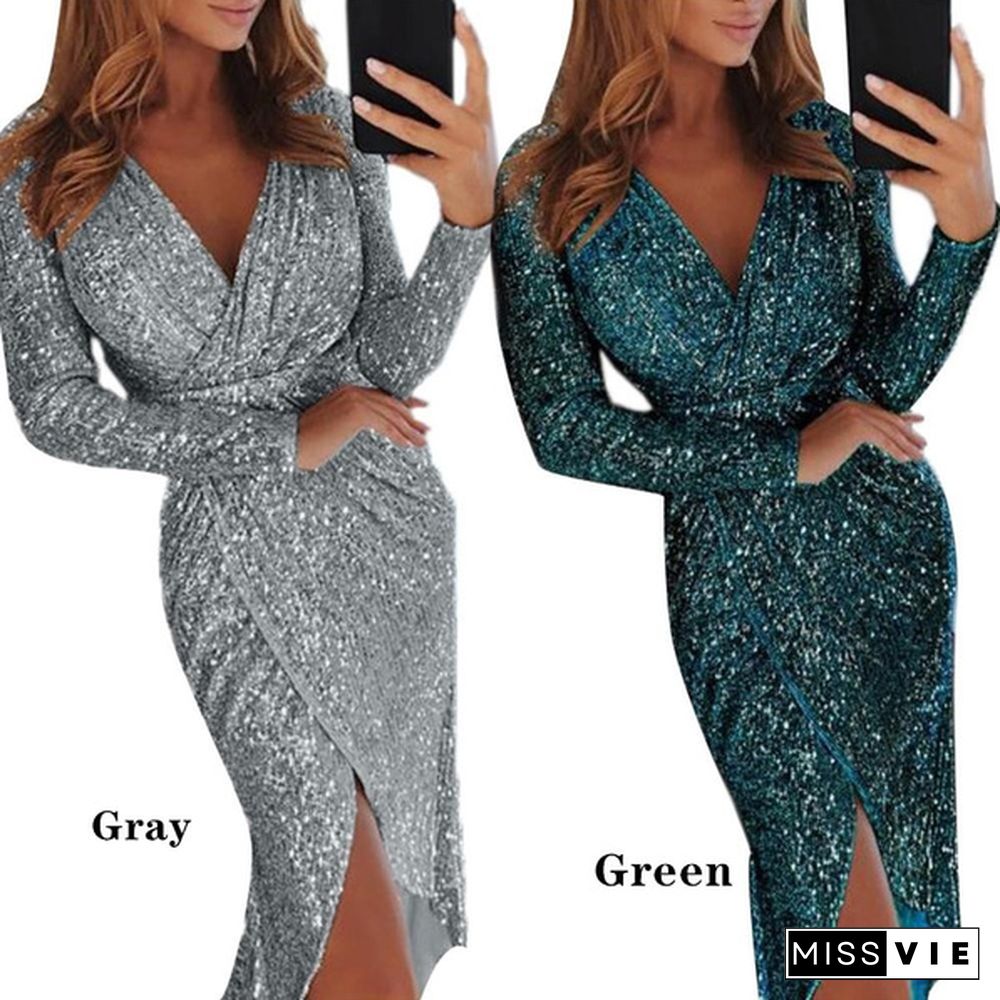 Midi Mini Fashion Women Sexy Club Dress Gift Lady Large Evening Dress Sexy Lady Sequin V-Neck High Open Wrap Dress Plus Size S-Xxxl